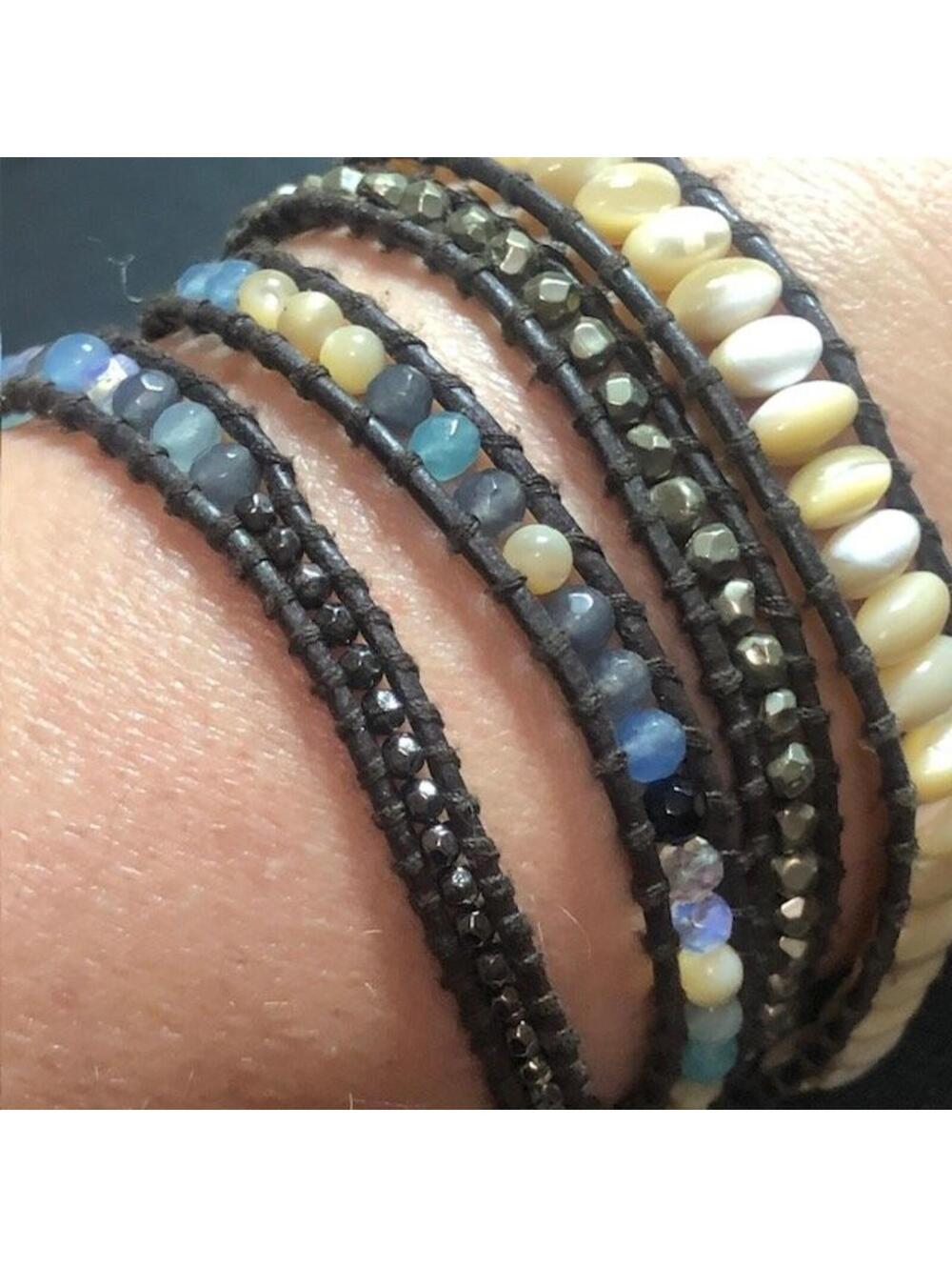 B3340 Lizou Multi-Wrap Bracelet Leather Mother of Pearl Pyrite Agate Boho 33-34"
